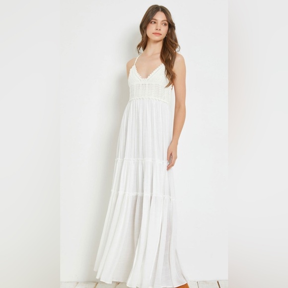 Akany Off White Smocked Crochet Lace Tiered Maxi Dress - Picture 1 of 3